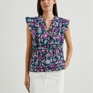 Rails Size M Purple Teal Woodblock Floral Print Misha Flutter Sleeve V-Neck Top